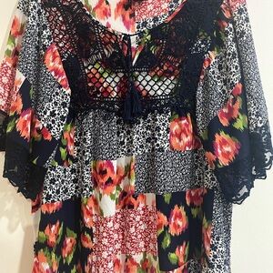 New Directions Black and Red Graphic Bib Collar Blouse. #10